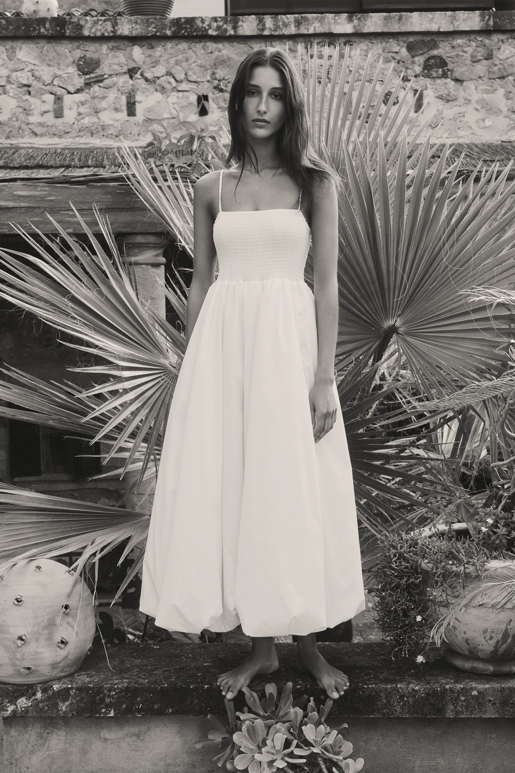 AZANIA SMOCKED BUBBLE HEM MIDI DRESS