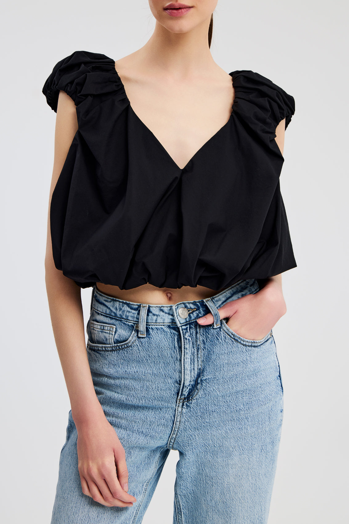Bubble Gum Eyelet V Neck Top