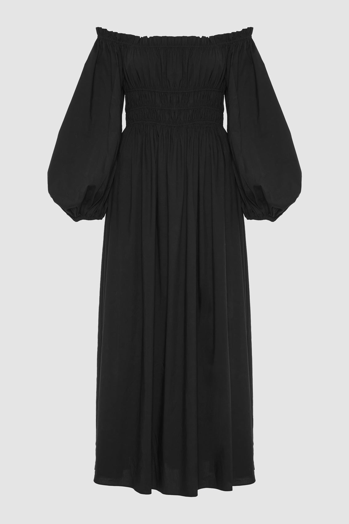 RAQUELA OFF THE SHOULDER RUFFLE MAXI DRESS