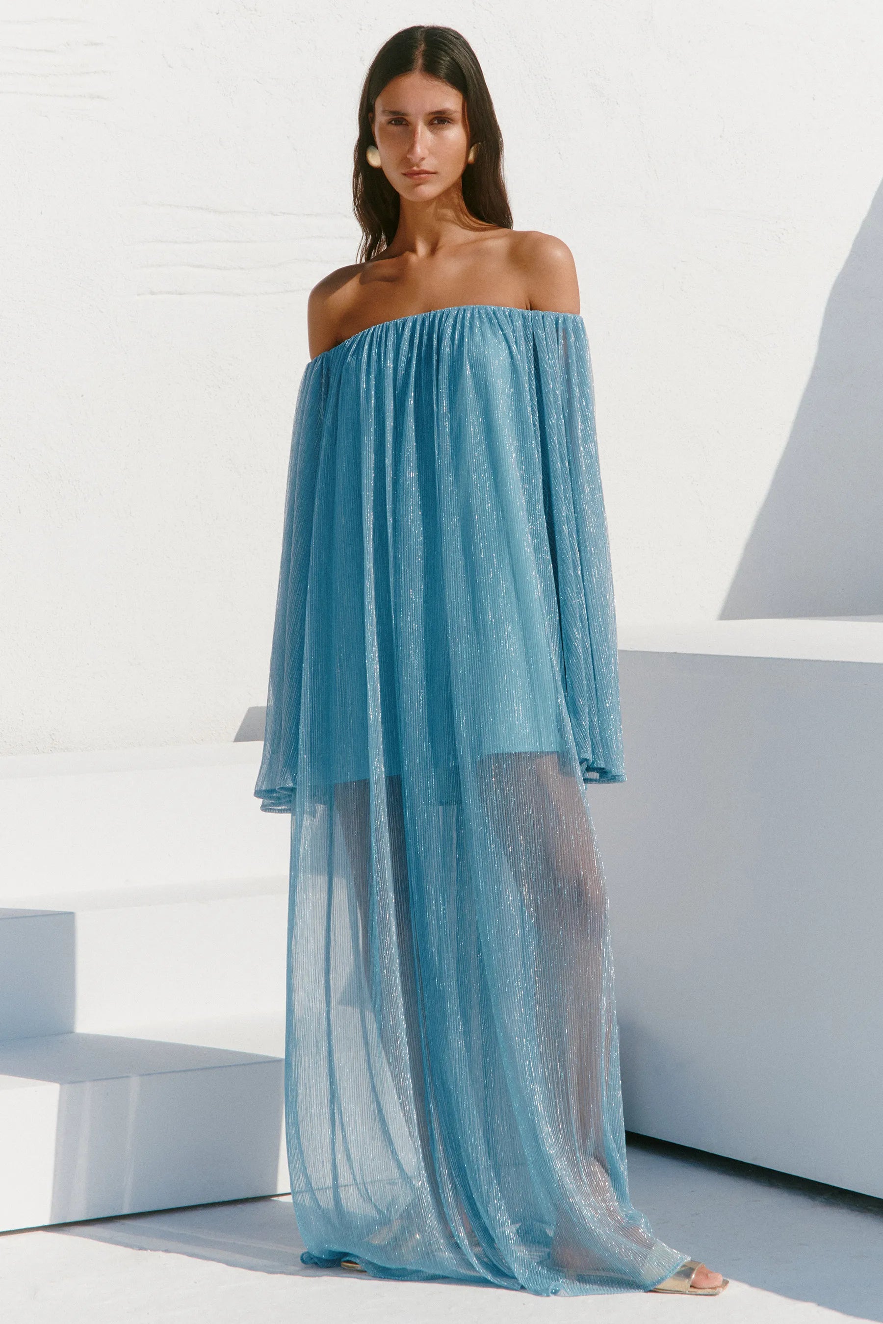 CORINTHIA OFF SHOULDER PLEATED GOWN