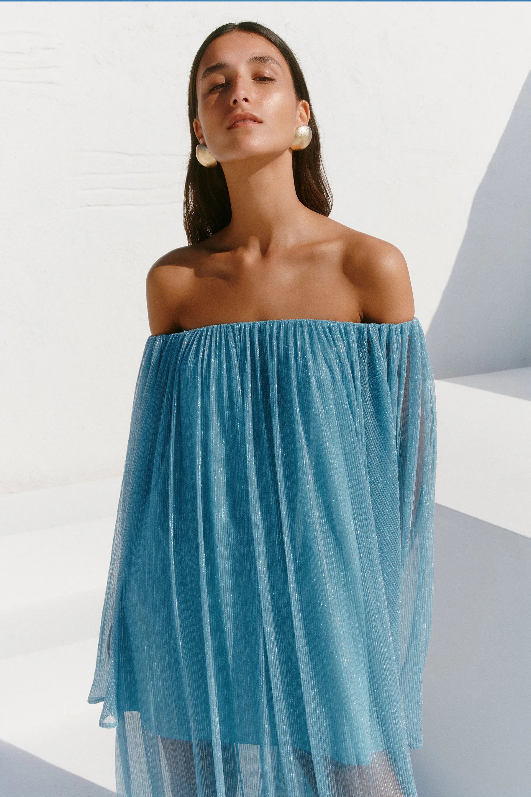 CORINTHIA OFF SHOULDER PLEATED GOWN