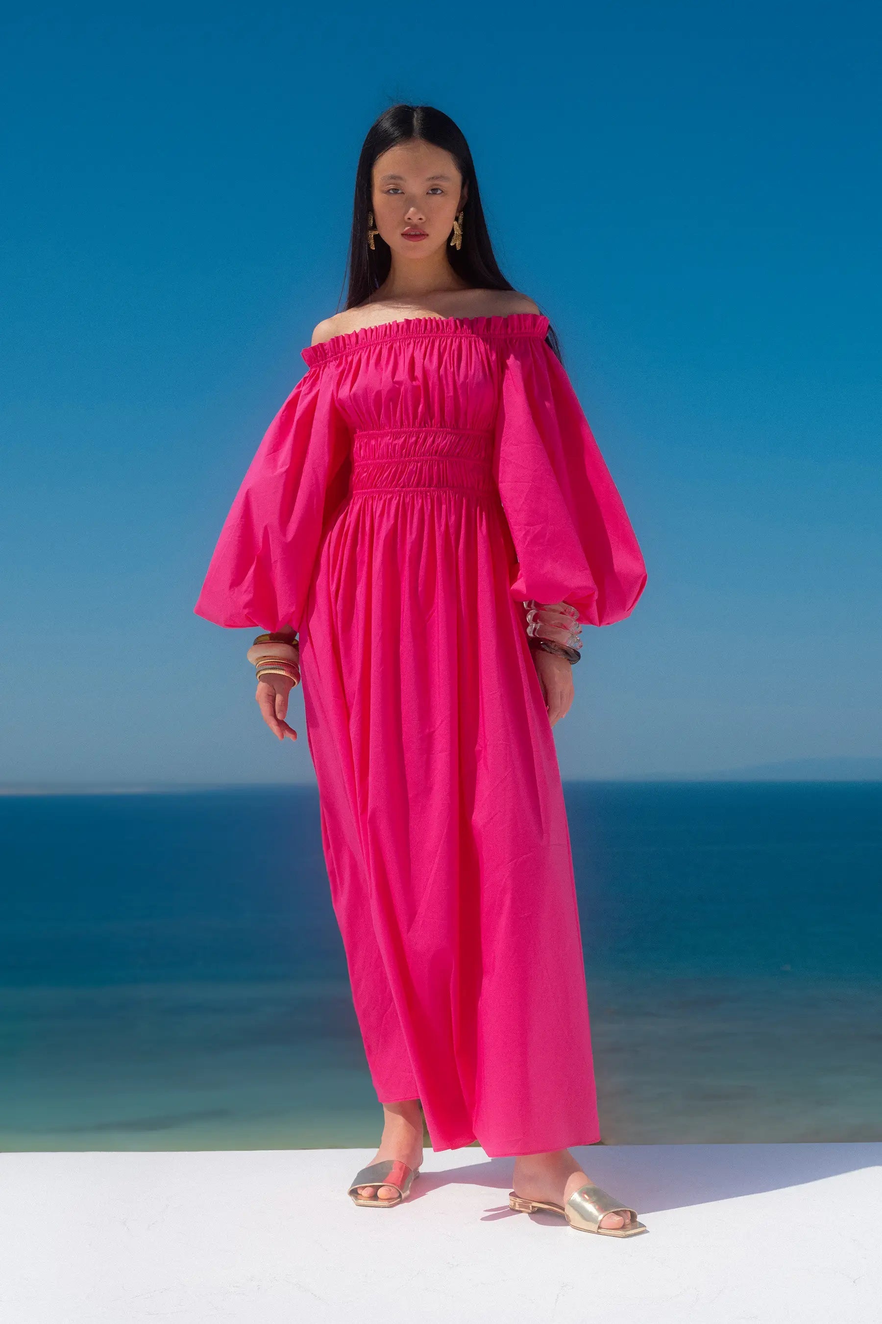 RAQUELA OFF SHOULDER RUFFLE MAXI DRESS